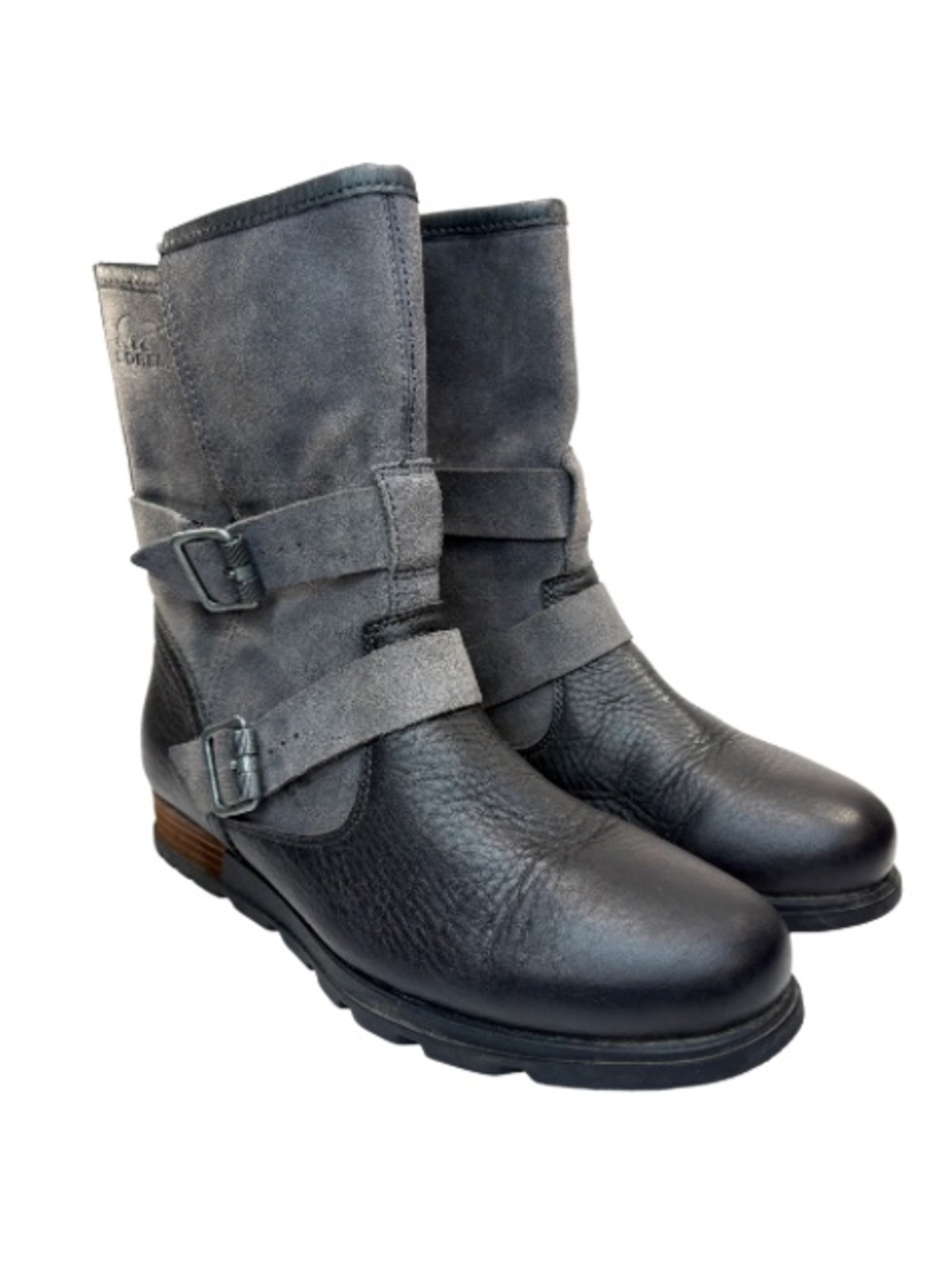 Sorel Major Moto Gray & Black Leather Midi Boots | 9.5